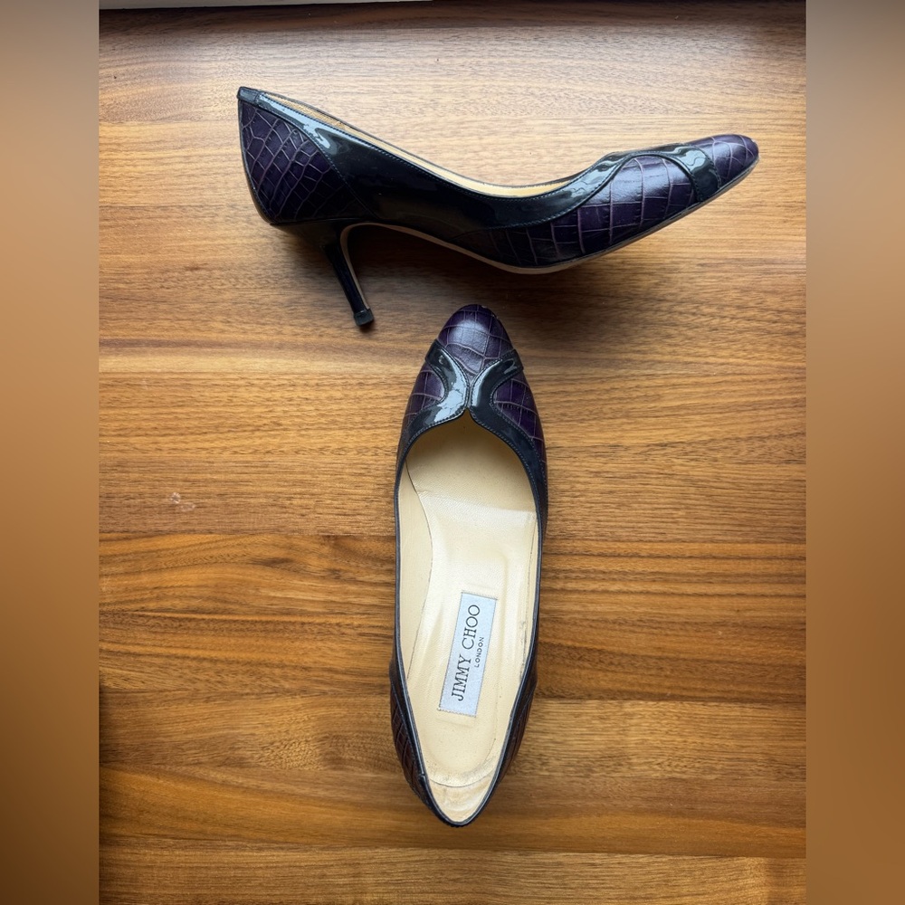 Jimmy Choo kittenish snake/patent heels, Sz 37